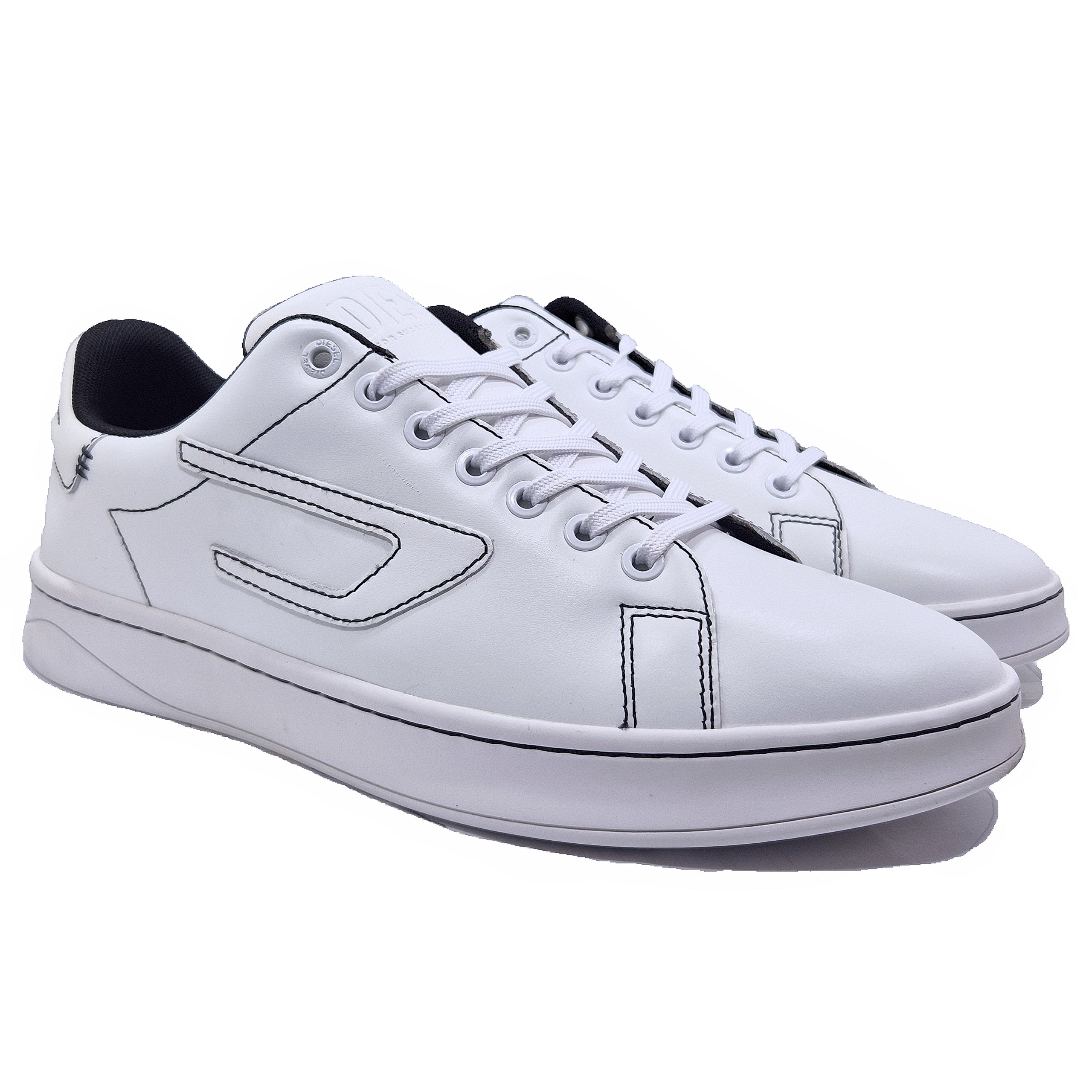 White sneakers with black accents on a white background