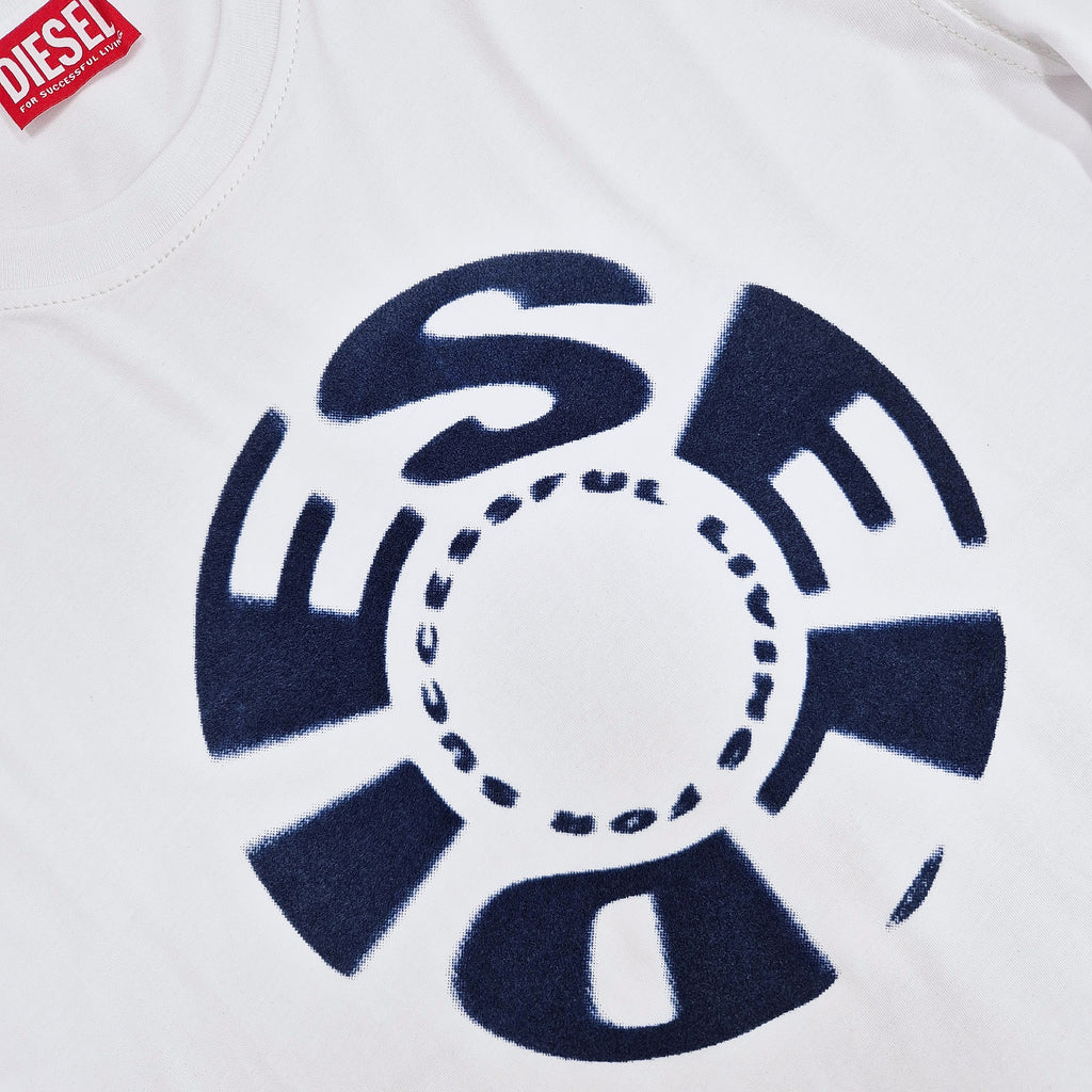 White t-shirt with navy blue 'DIESEL' logo and brand label.